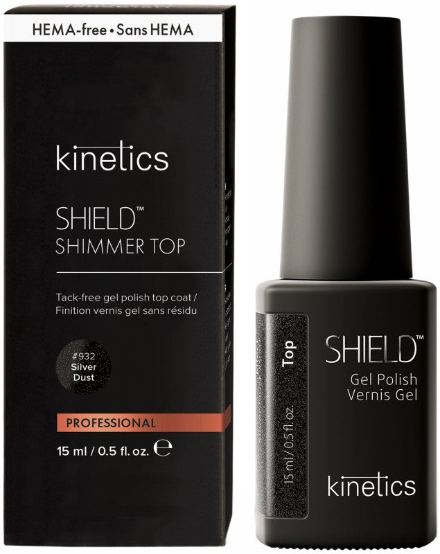 Kinetics viršutinis gelinio nagų lako sluoksnis SHIELD Shimmer Top Silver Dust 932 KSST932, sidabrinis, 15 ml