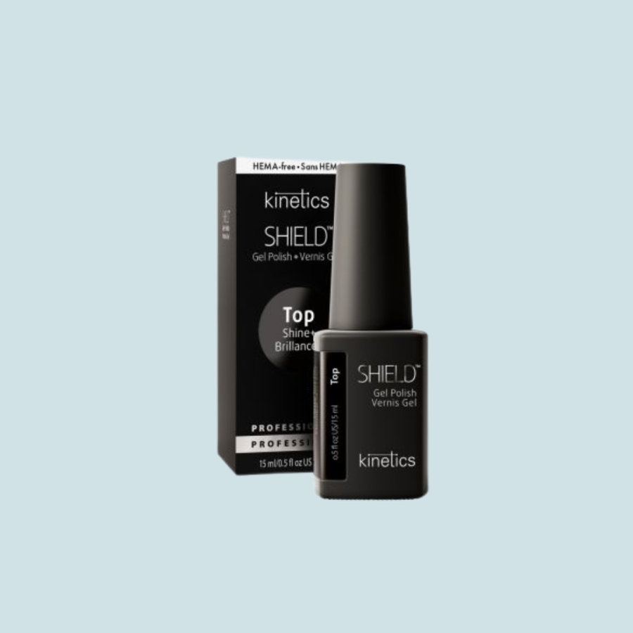 Viršutinis gelio-lako sluoksnis Kinetics Shield HEMA Free Shine+ Top Coat, 15 ml